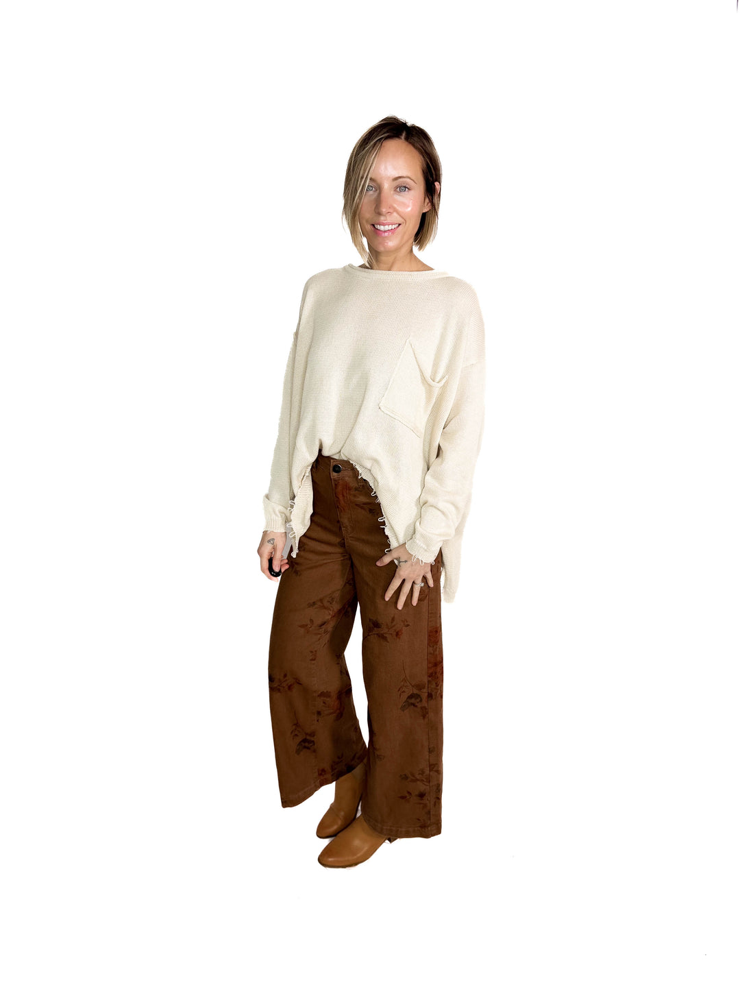 Drift Flower Print Wide Leg Pant- MOCHA