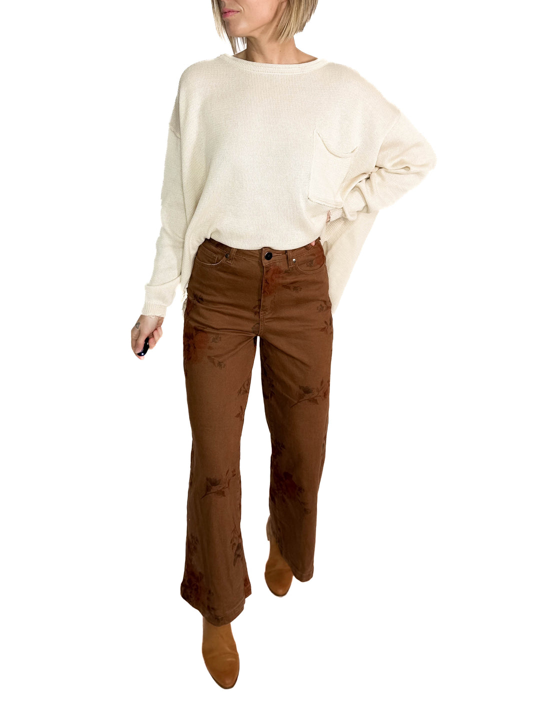 Drift Flower Print Wide Leg Pant- MOCHA