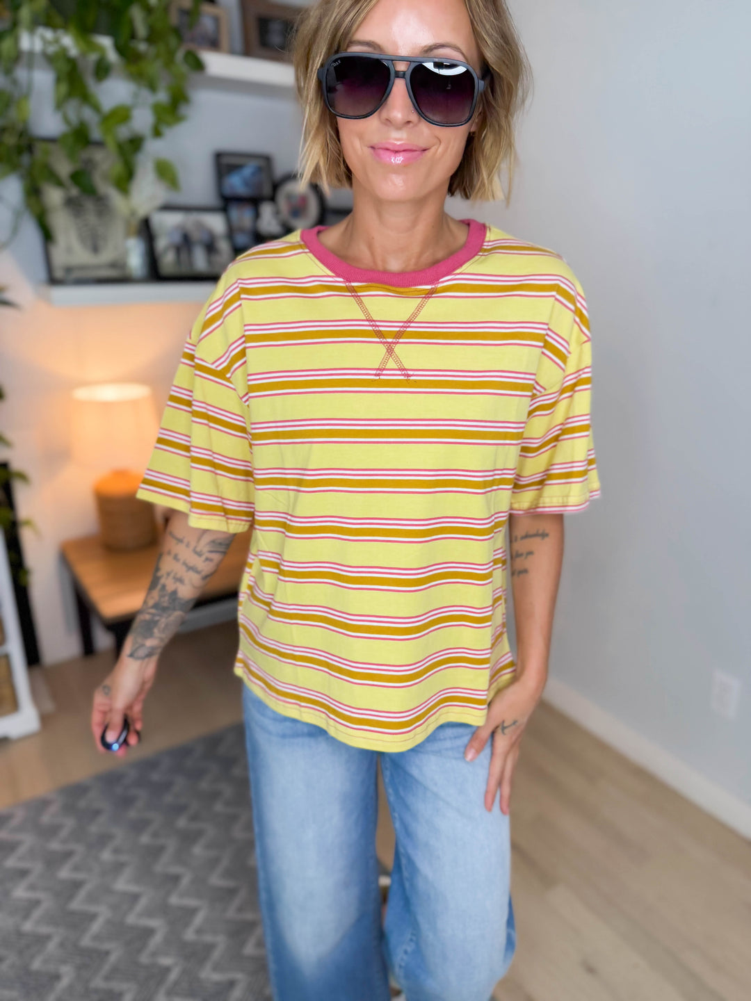 Zara Striped Relaxed Tee- YELLOW COMBO