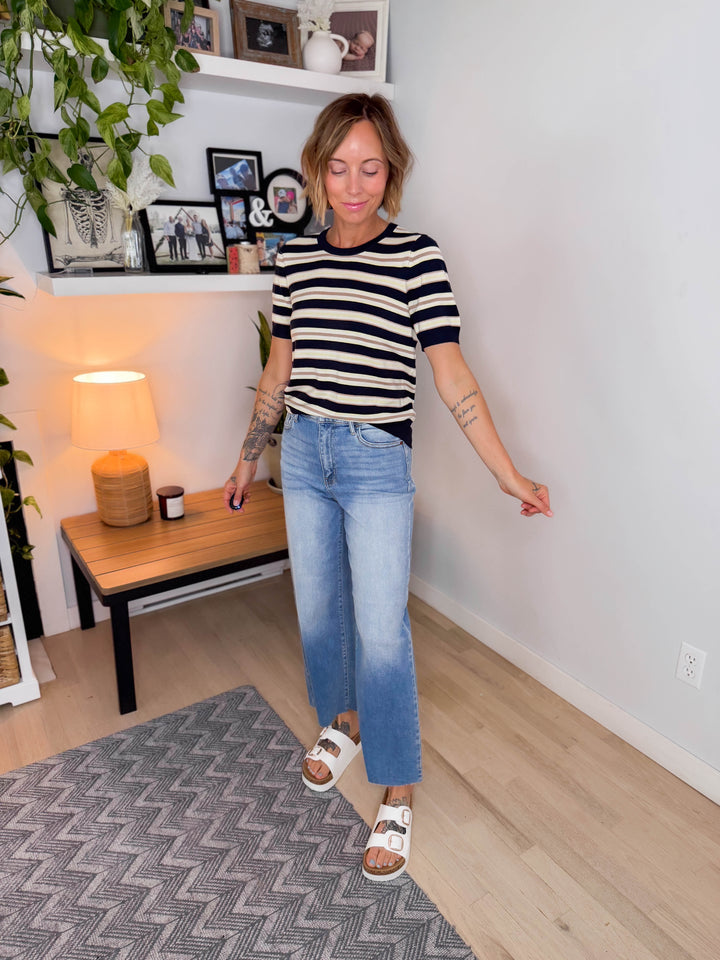 Dockside Classic Short Sleeve Sweater Top- NAVY