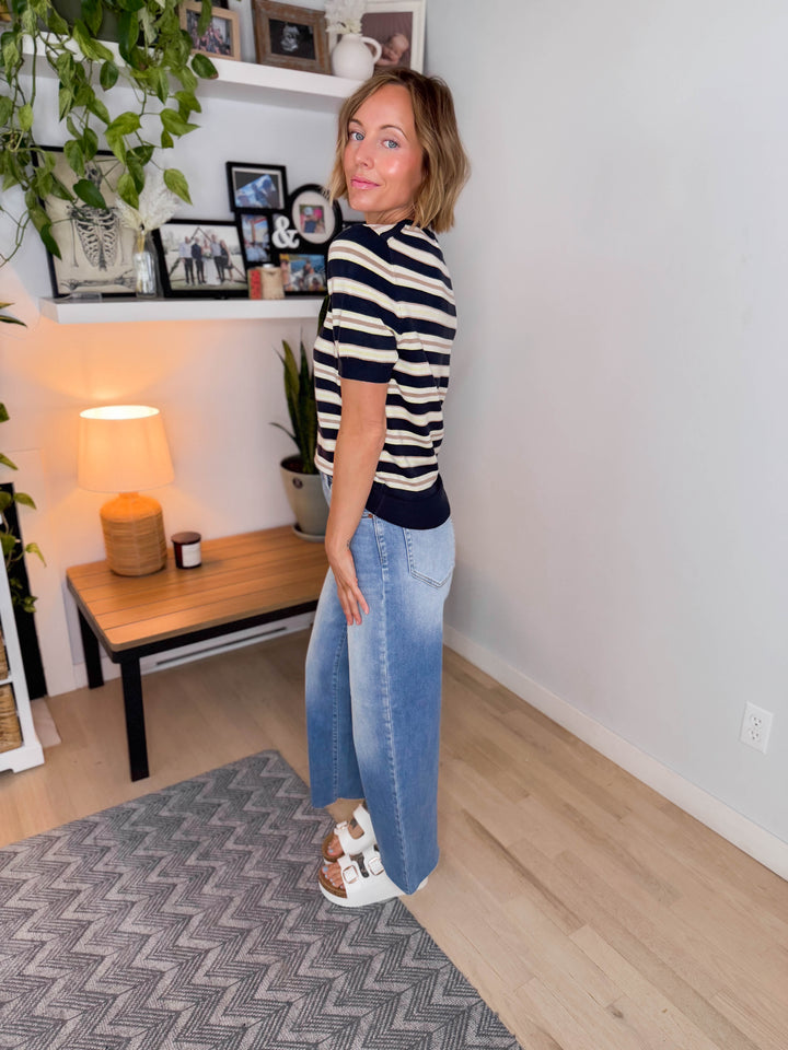 Dockside Classic Short Sleeve Sweater Top- NAVY