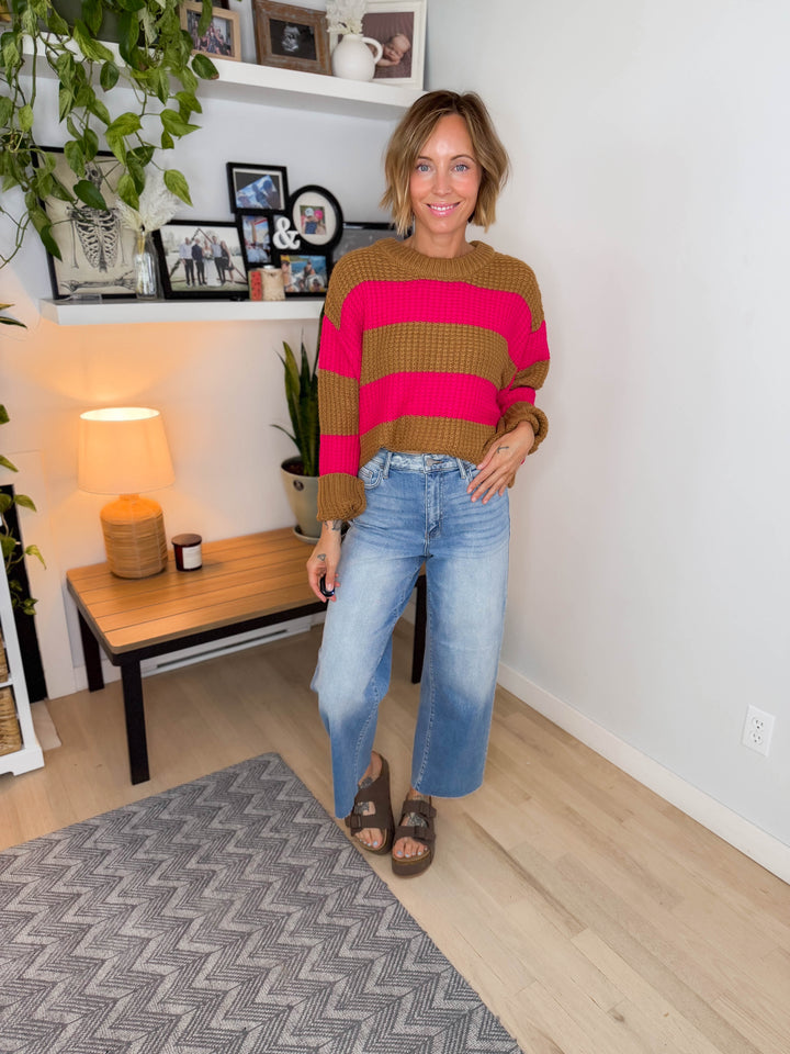 Emberly Drop Shoulder Sweater- CAMEL/FUCHSIA