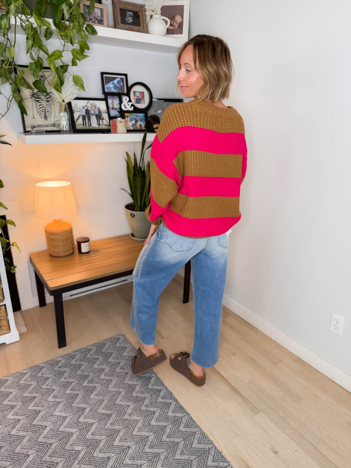 Emberly Drop Shoulder Sweater- CAMEL/FUCHSIA