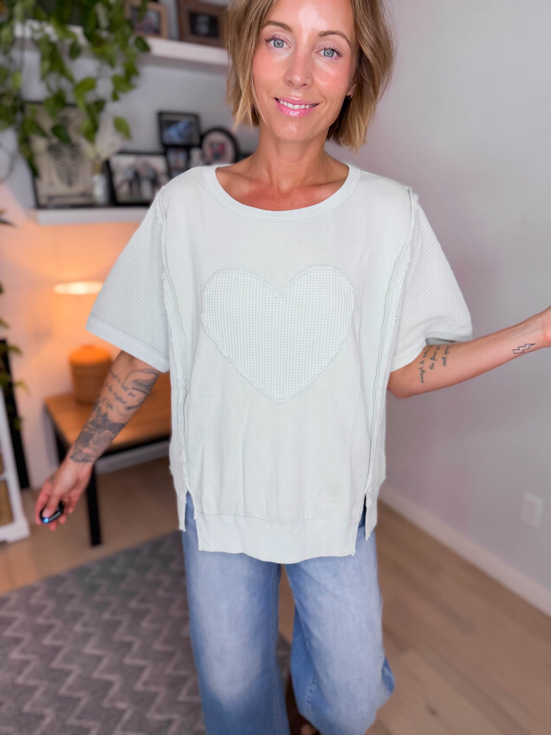 Azoria Waffle Heart Pullover- SEAFOAM
