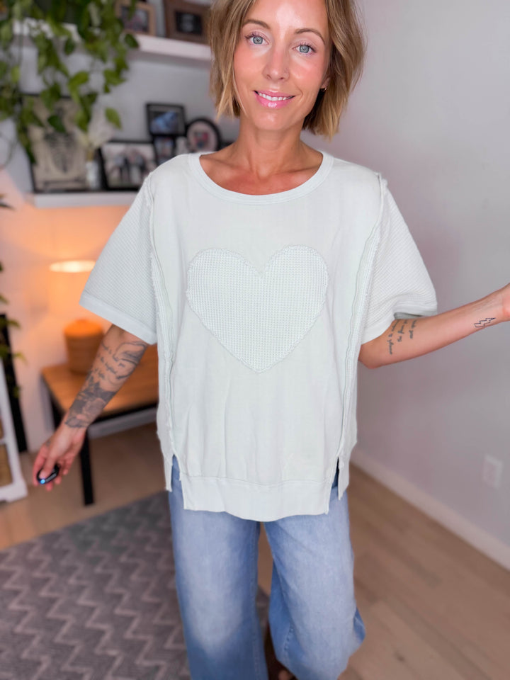 Azoria Waffle Heart Pullover- SEAFOAM