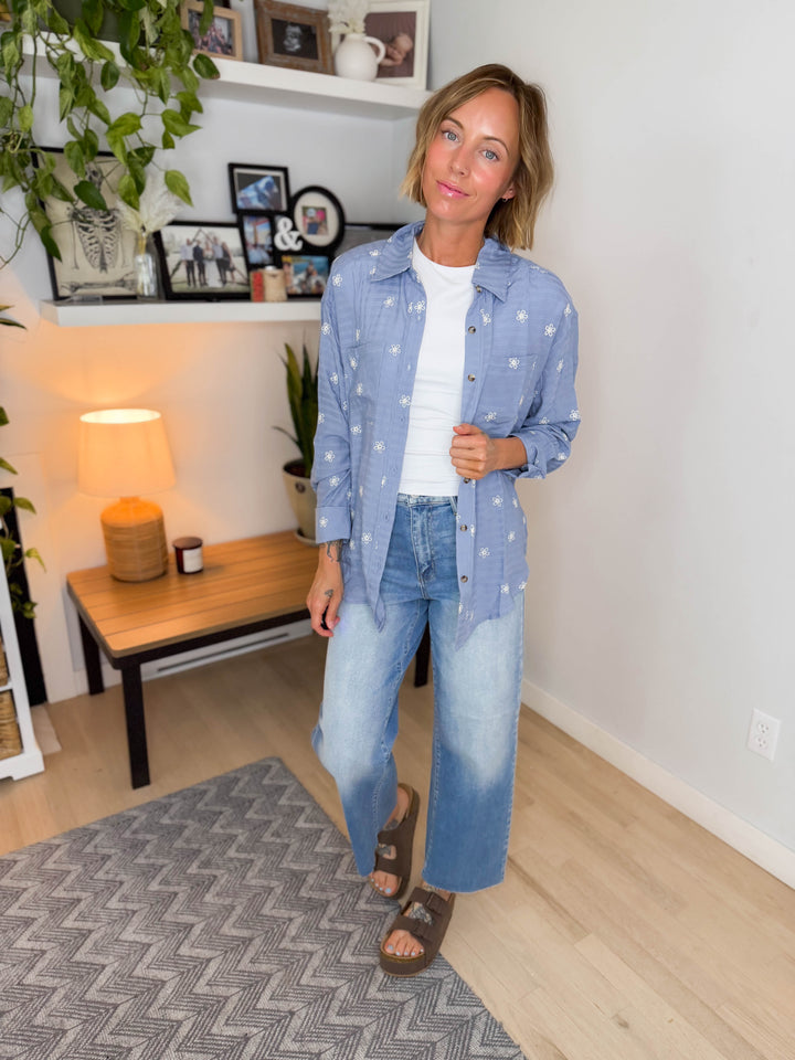 Vivi Embroidered Button Down- DUSTY BLUE