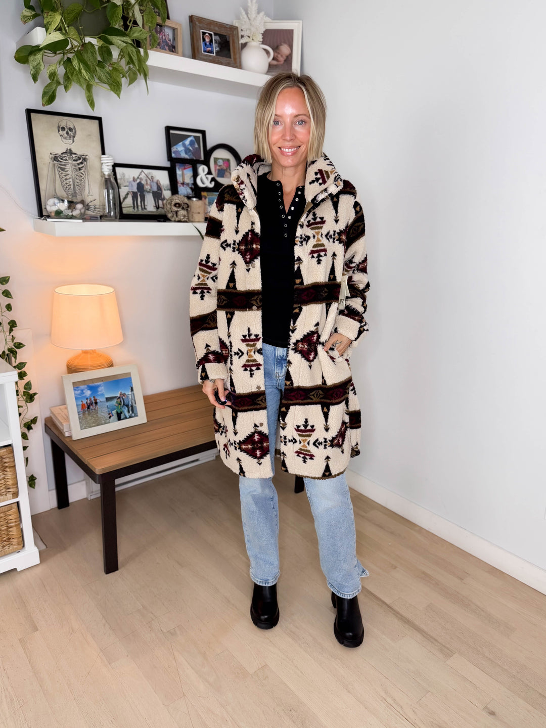 Ainsley Longline Sherpa Jacket- SEPIA