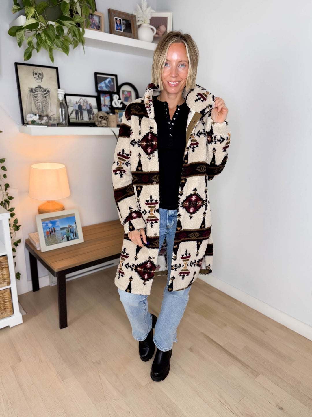 Ainsley Longline Sherpa Jacket- SEPIA