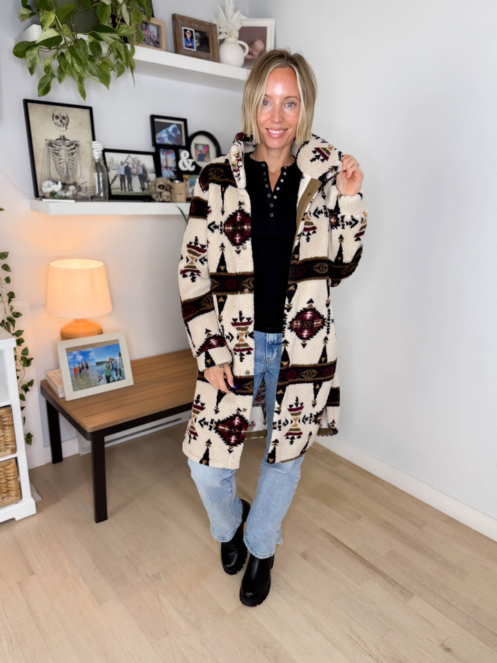 Ainsley Longline Sherpa Jacket- SEPIA