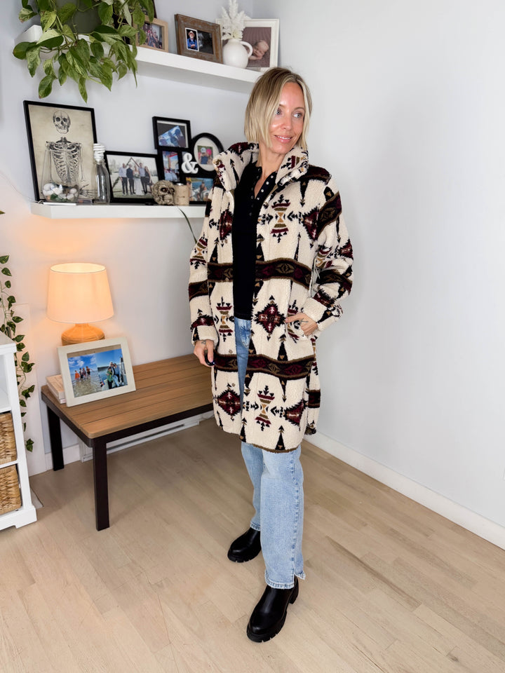 Ainsley Longline Sherpa Jacket- SEPIA