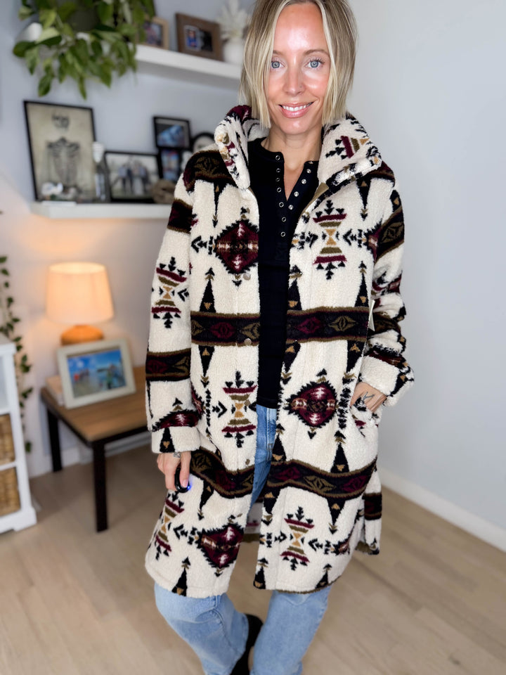 Ainsley Longline Sherpa Jacket- SEPIA