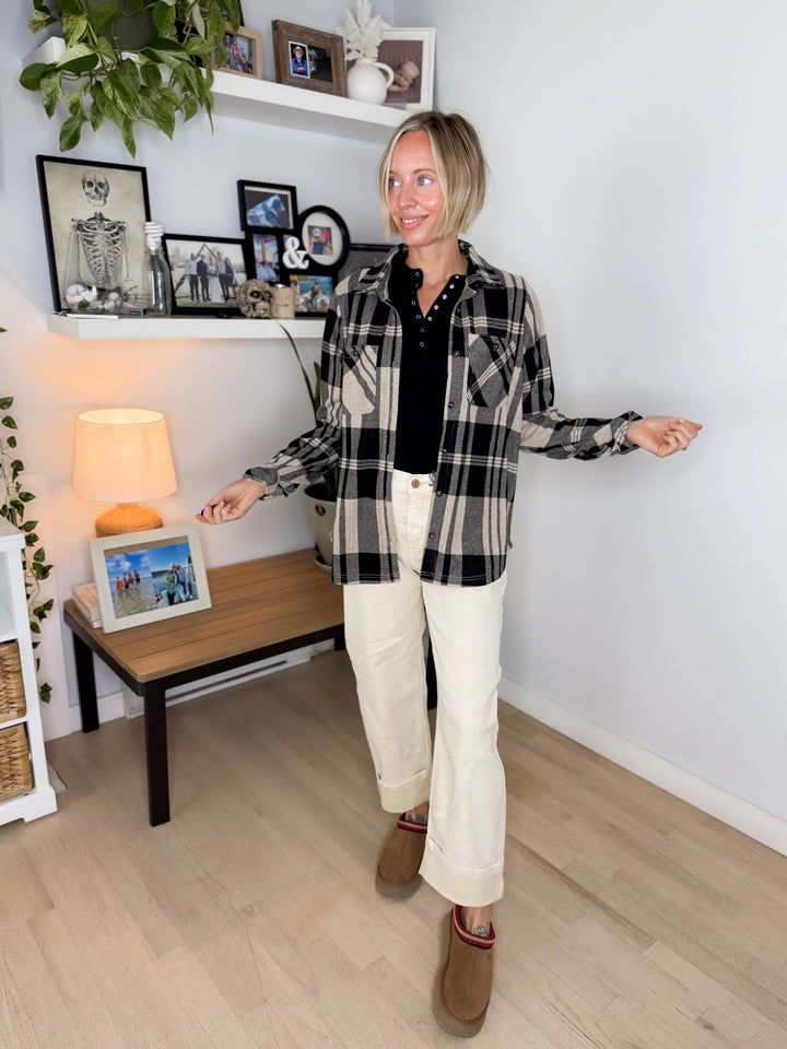 Arabella Plaid Button Up Shacket- TAN/BLACK