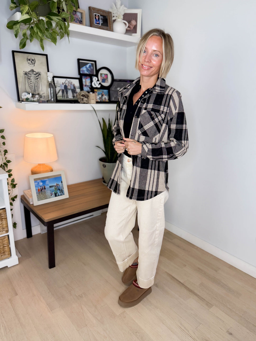 Arabella Plaid Button Up Shacket- TAN/BLACK