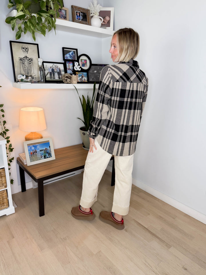 Arabella Plaid Button Up Shacket- TAN/BLACK