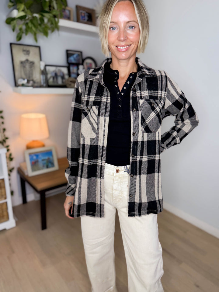 Arabella Plaid Button Up Shacket- TAN/BLACK