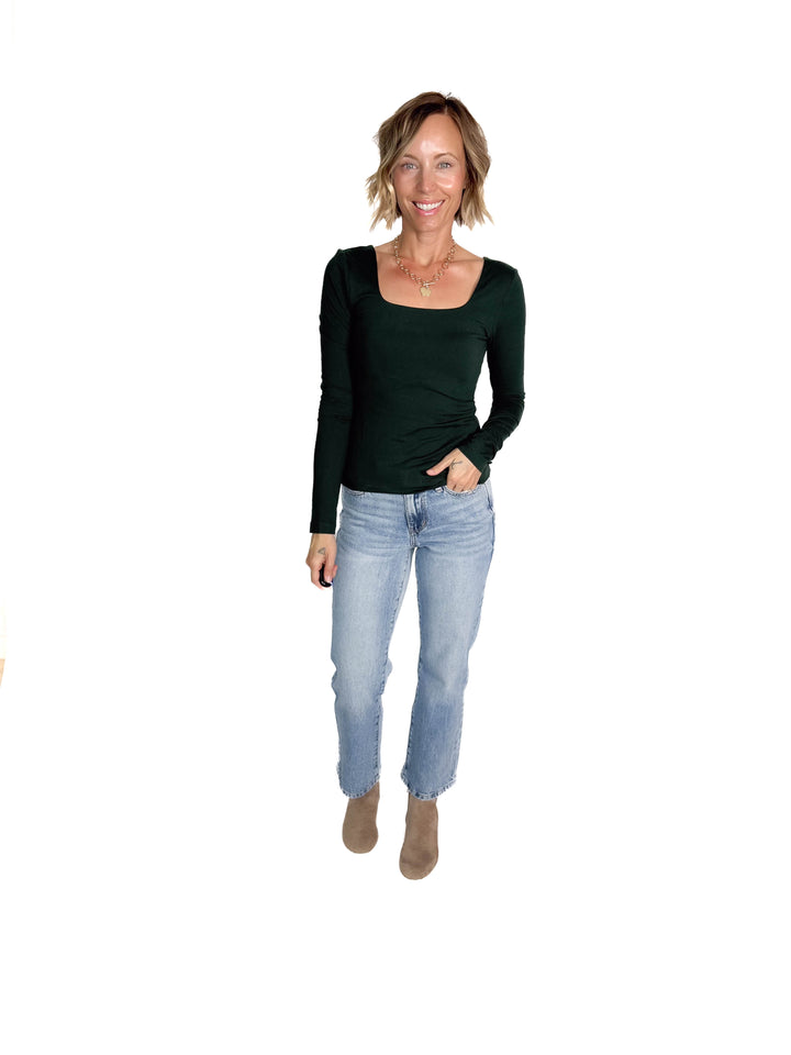 Ayla Butter Square Neck Long Sleeve Top- REGENCY GREEN