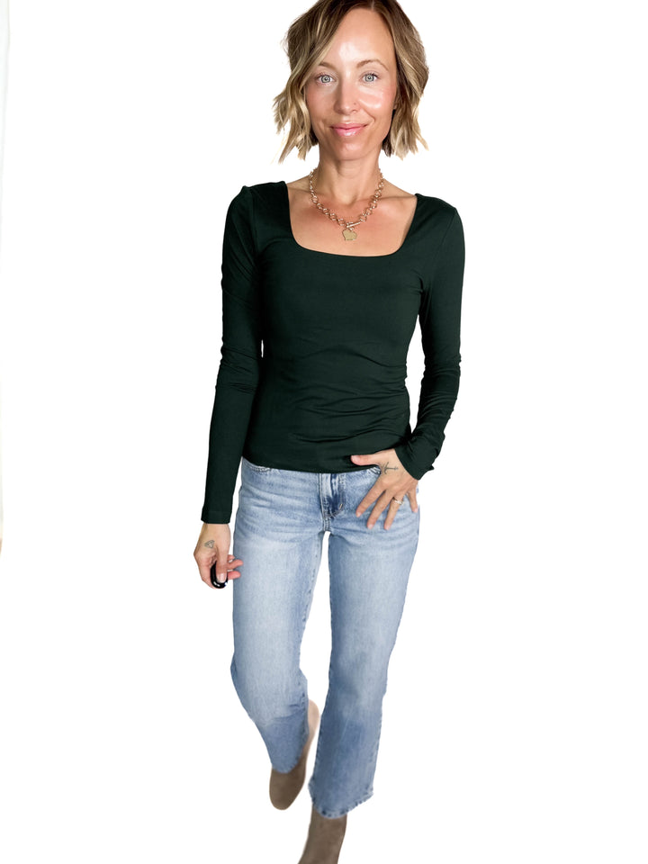 Ayla Butter Square Neck Long Sleeve Top- REGENCY GREEN