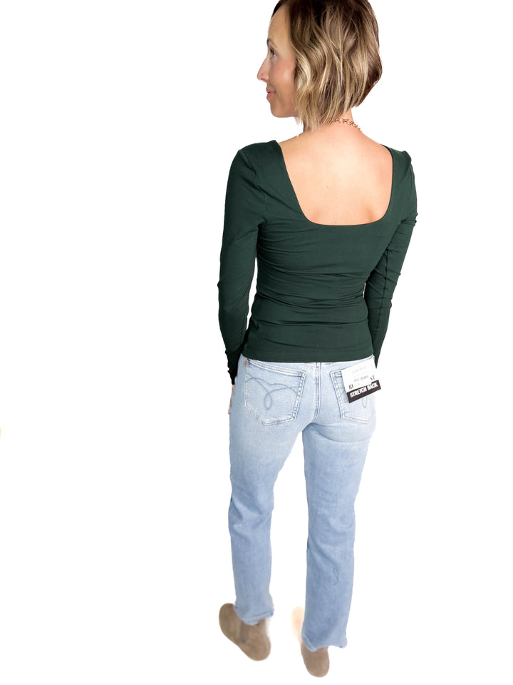 Ayla Butter Square Neck Long Sleeve Top- REGENCY GREEN