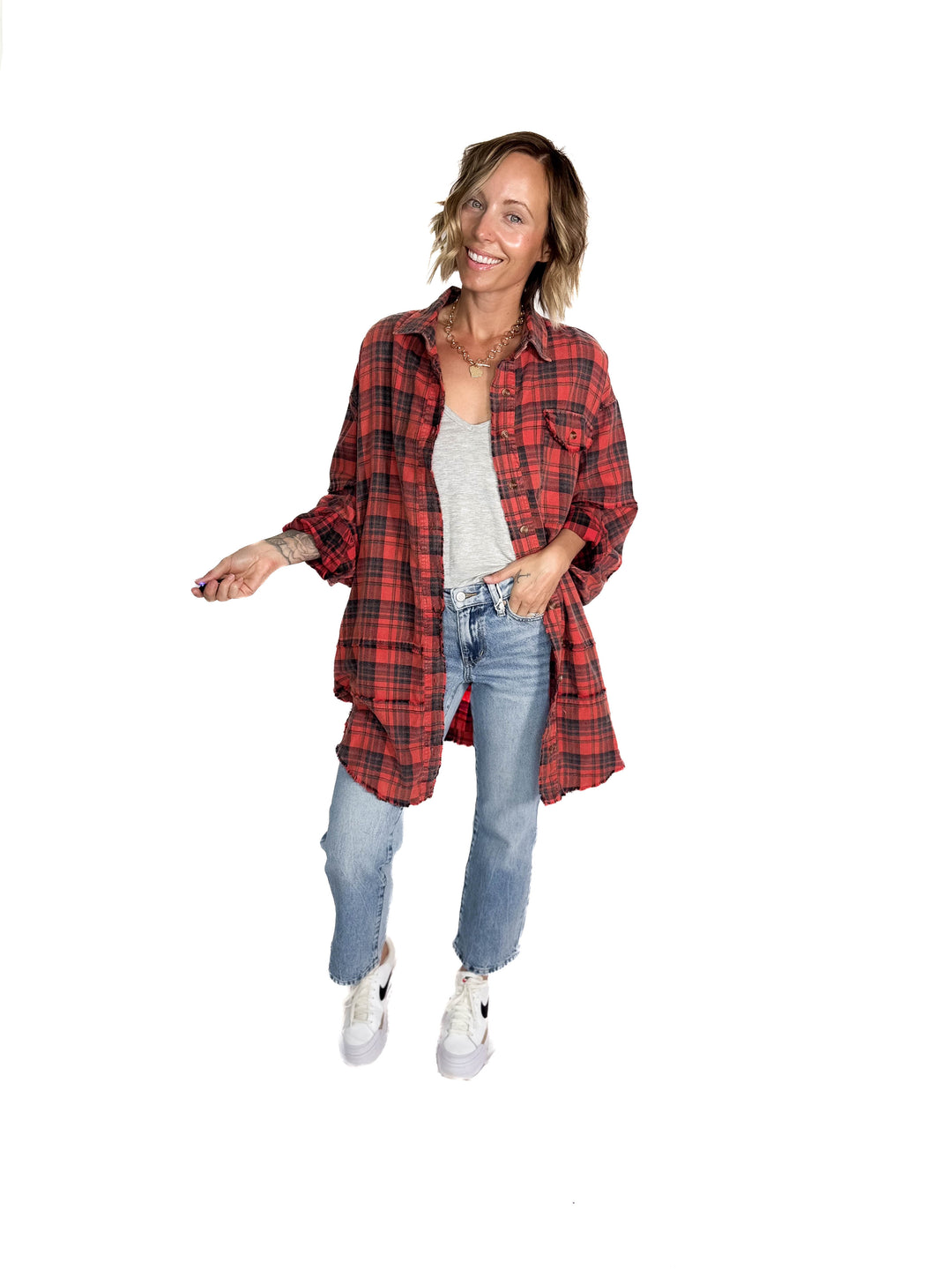 Fenton Oversized Plaid Button Shacket- FADED CORAL RED-FINAL SALE