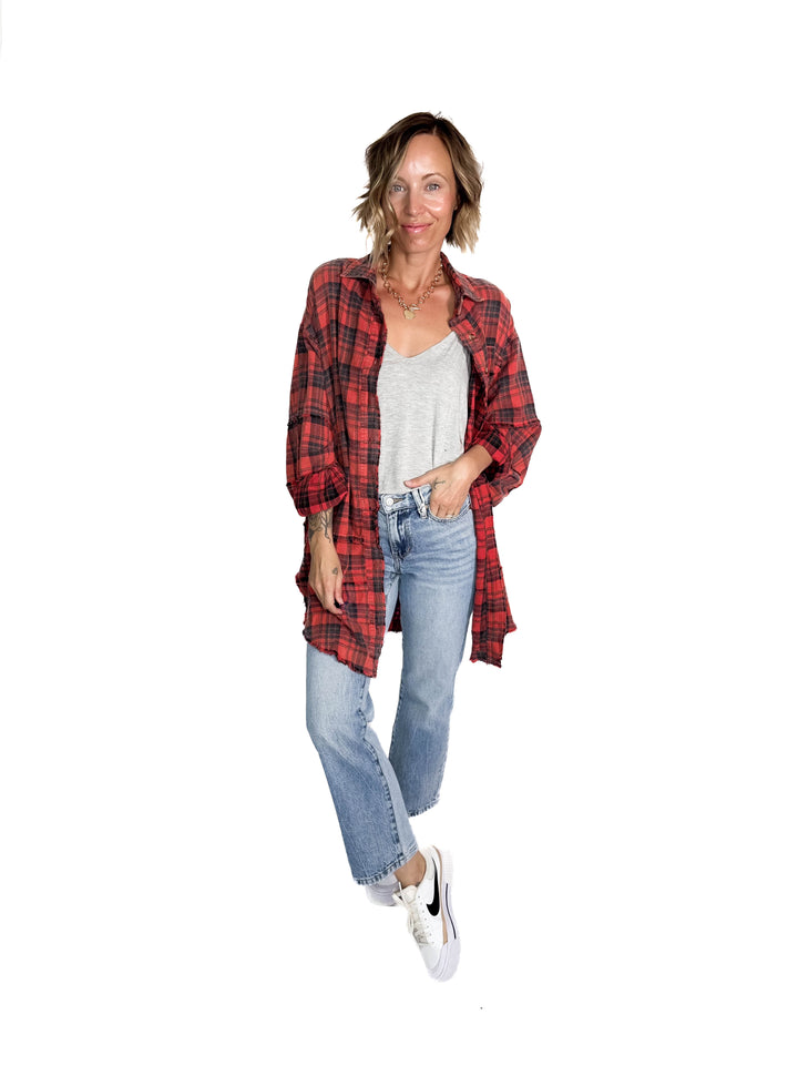Fenton Oversized Plaid Button Shacket- FADED CORAL RED-FINAL SALE