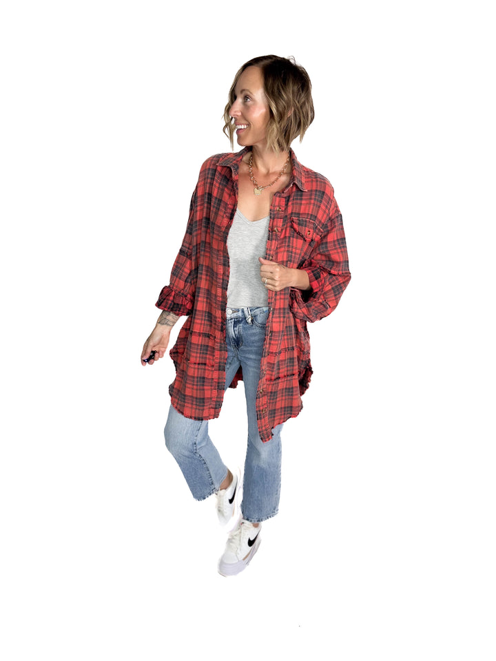 Fenton Oversized Plaid Button Shacket- FADED CORAL RED-FINAL SALE