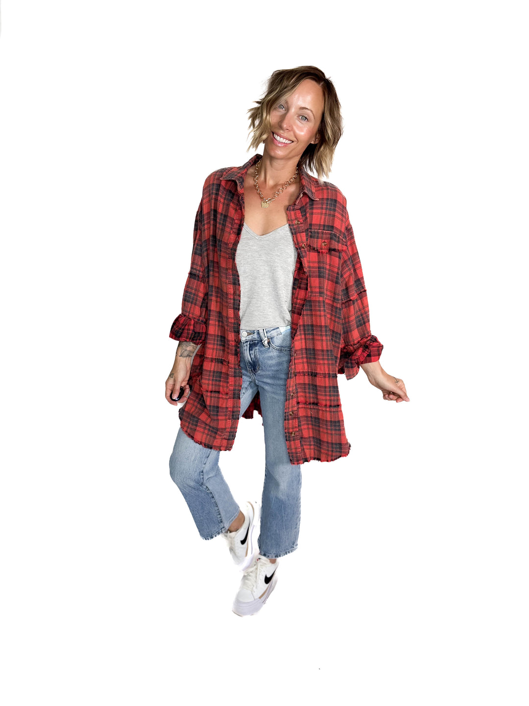 Fenton Oversized Plaid Button Shacket- FADED CORAL RED-FINAL SALE