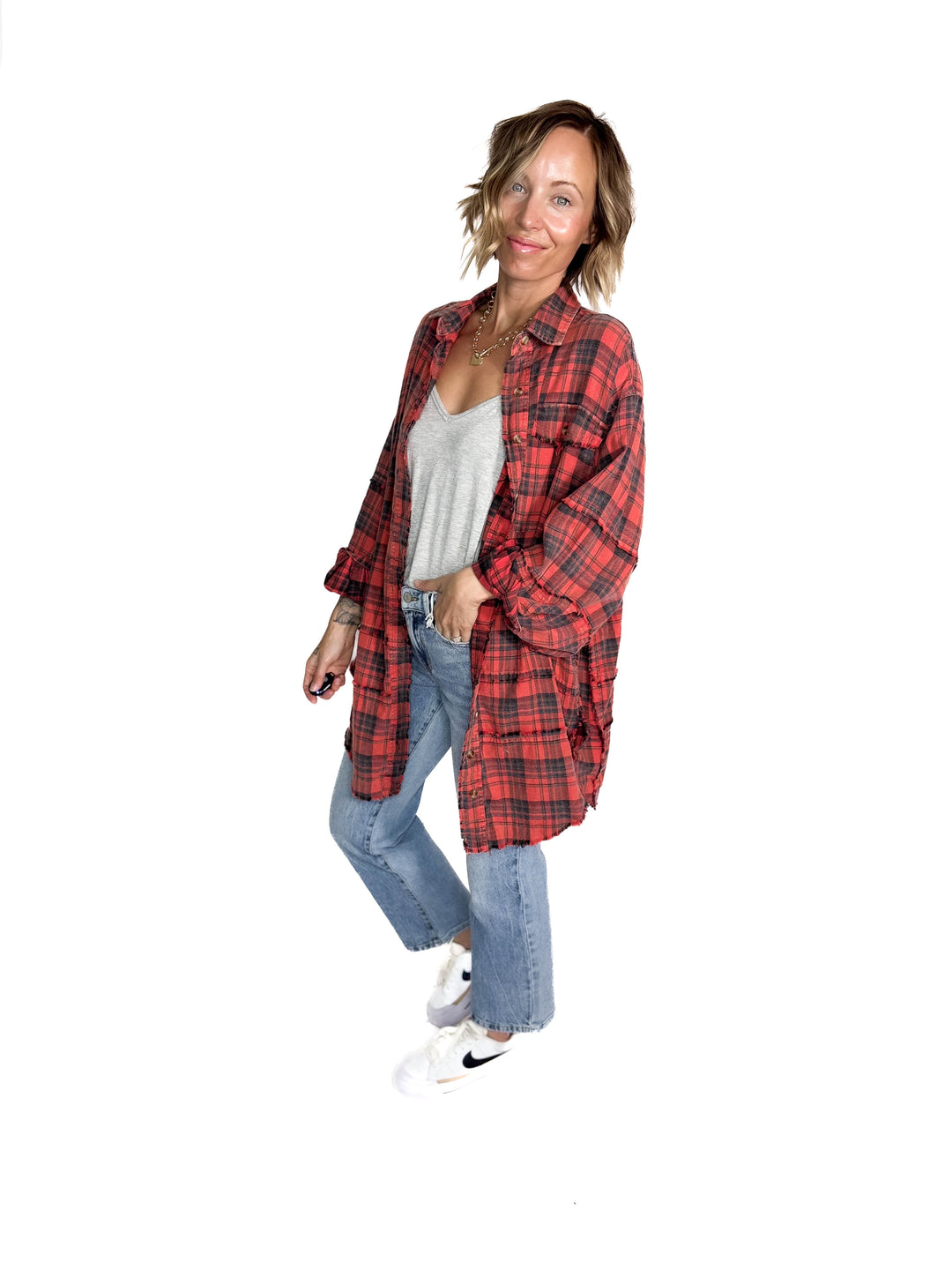 Fenton Oversized Plaid Button Shacket- FADED CORAL RED-FINAL SALE