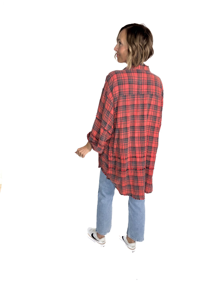 Fenton Oversized Plaid Button Shacket- FADED CORAL RED-FINAL SALE