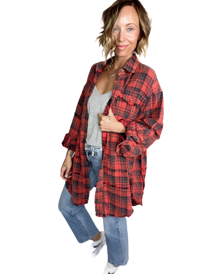 Fenton Oversized Plaid Button Shacket- FADED CORAL RED-FINAL SALE