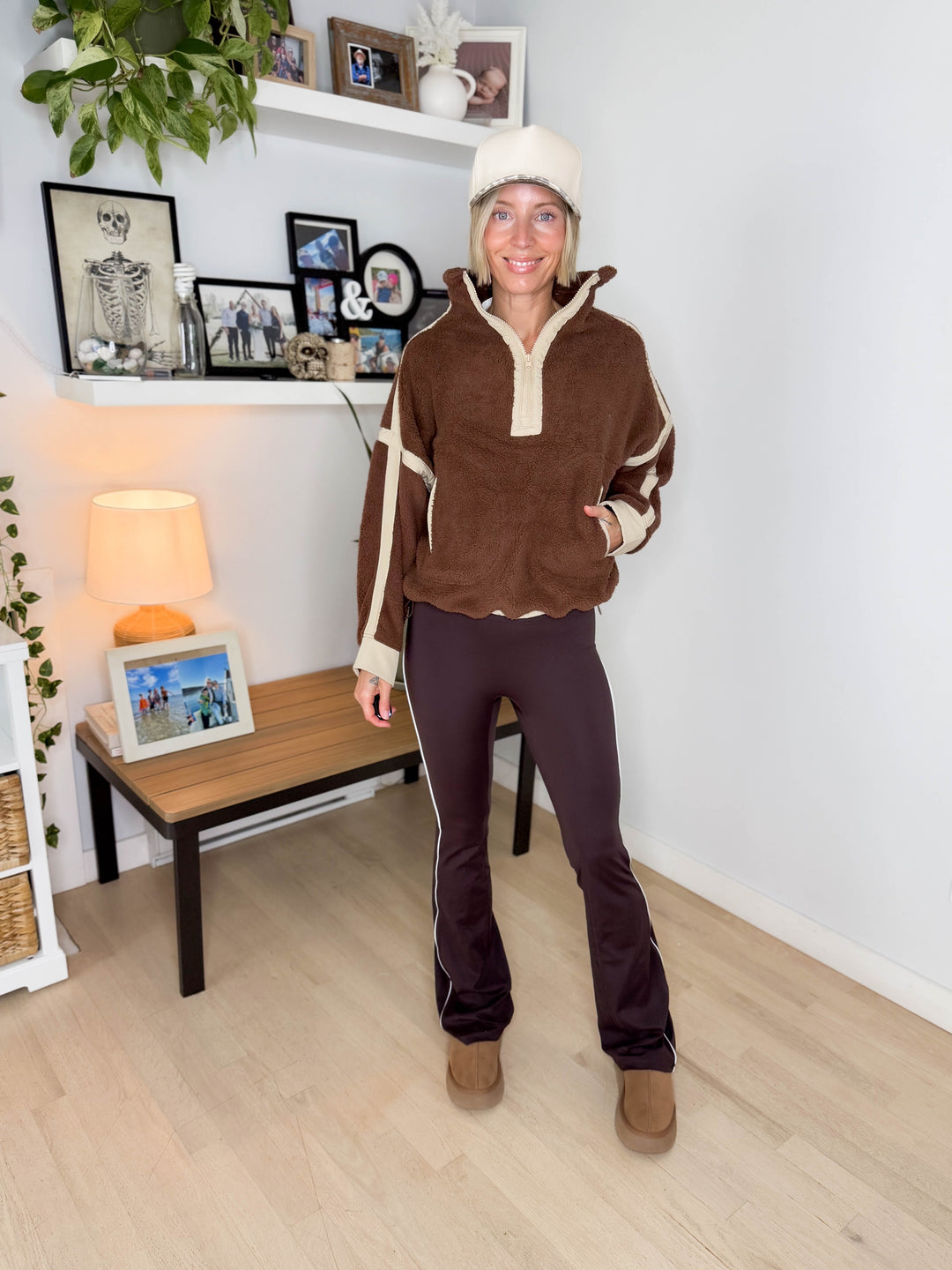 Justina Half Zip Sherpa Fleece Pullover- BROWN/TAN