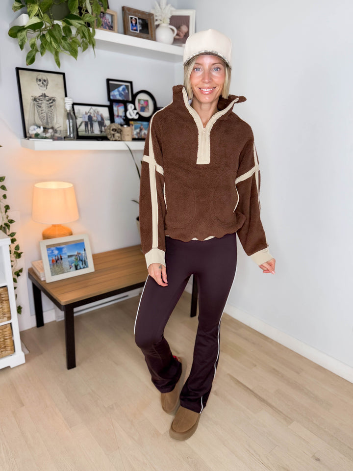 Justina Half Zip Sherpa Fleece Pullover- BROWN/TAN