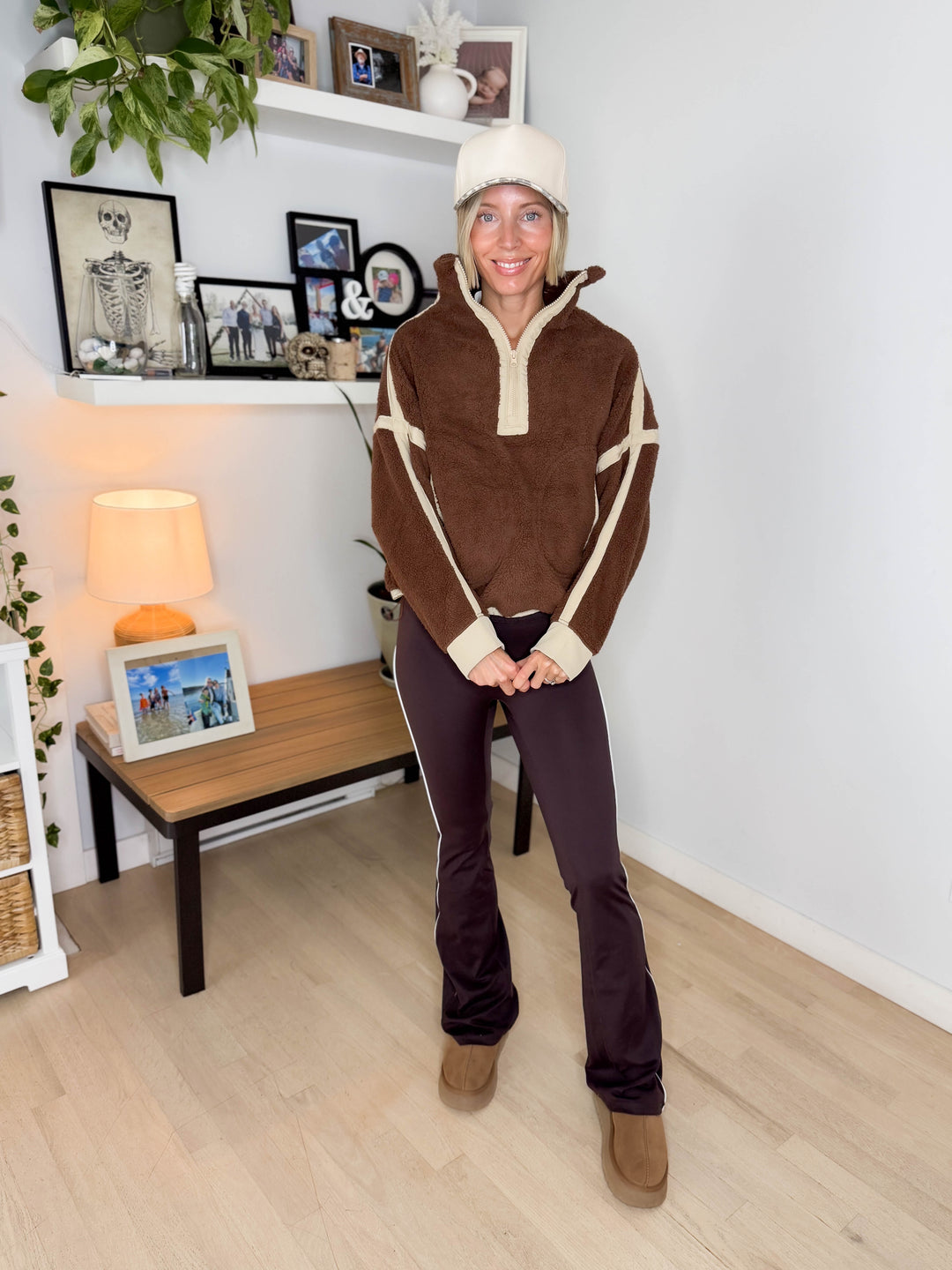 Justina Half Zip Sherpa Fleece Pullover- BROWN/TAN