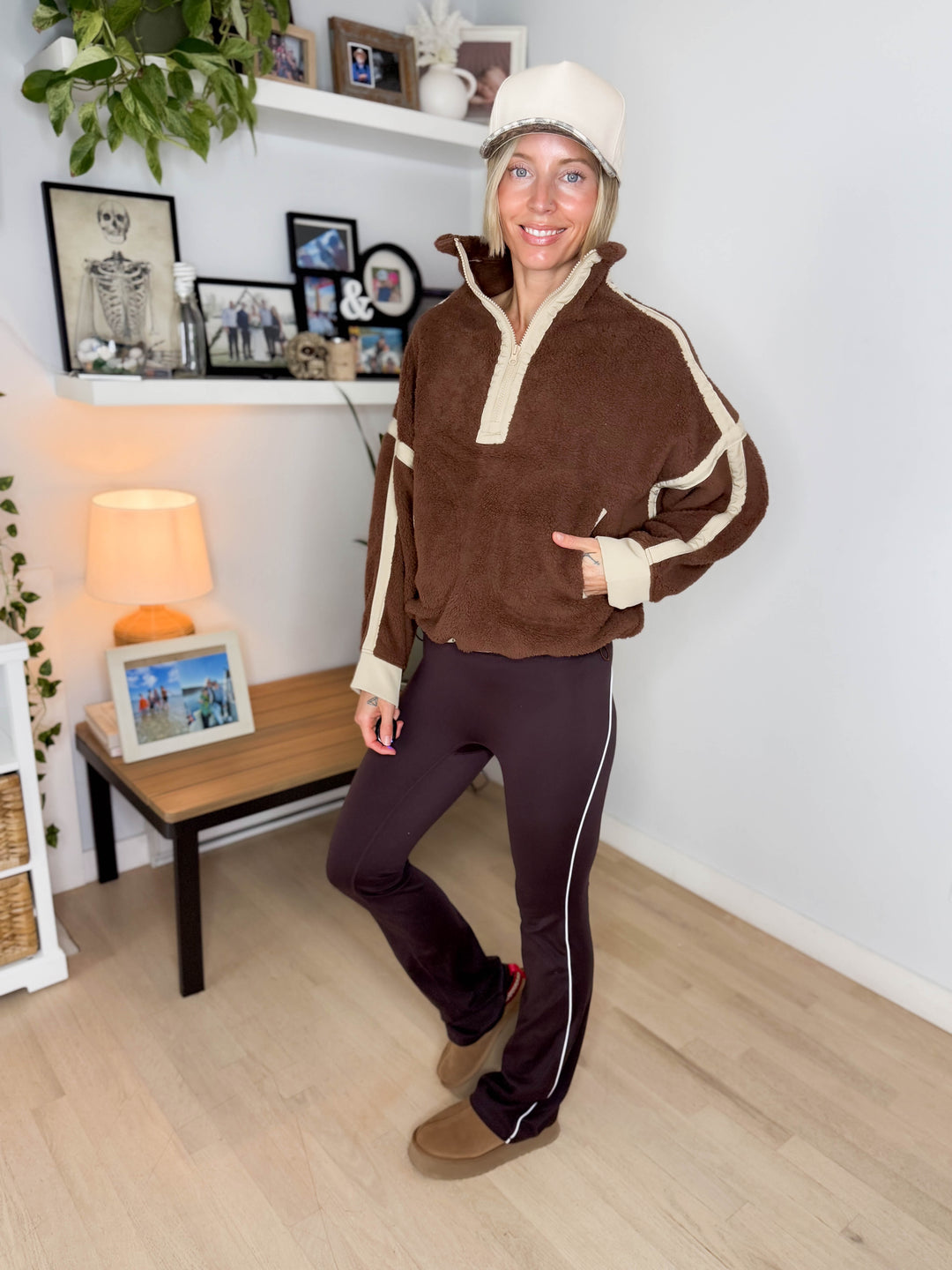 Justina Half Zip Sherpa Fleece Pullover- BROWN/TAN