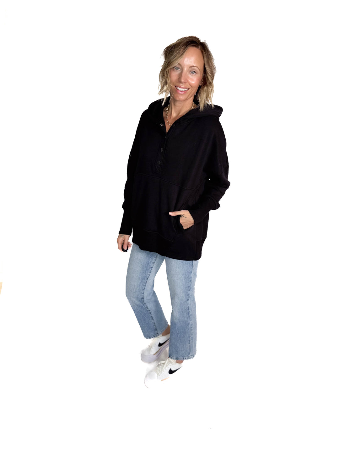 Farrah Fleece Half Button Hooded Sweatshirt- BLACK