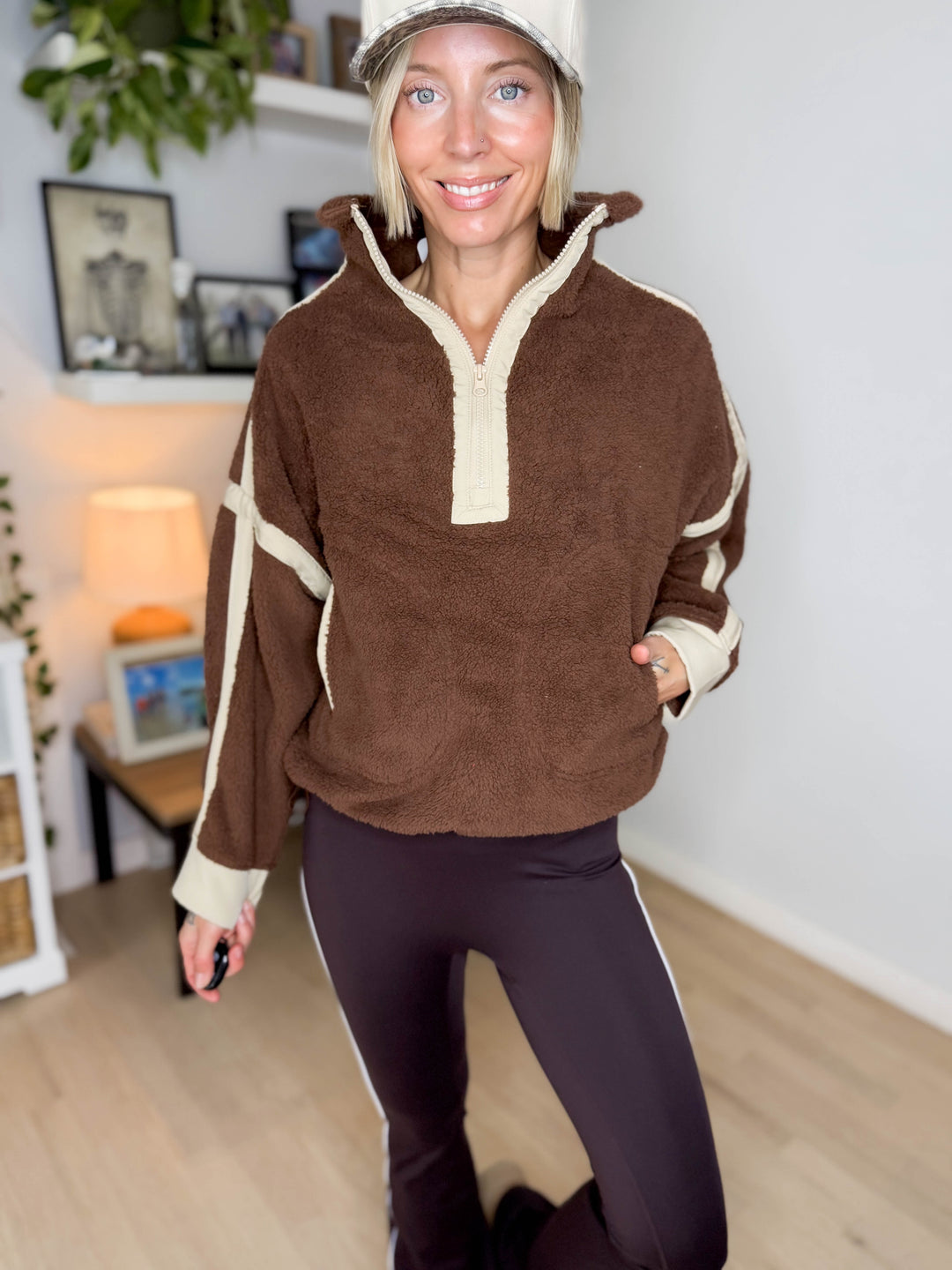 Justina Half Zip Sherpa Fleece Pullover- BROWN/TAN