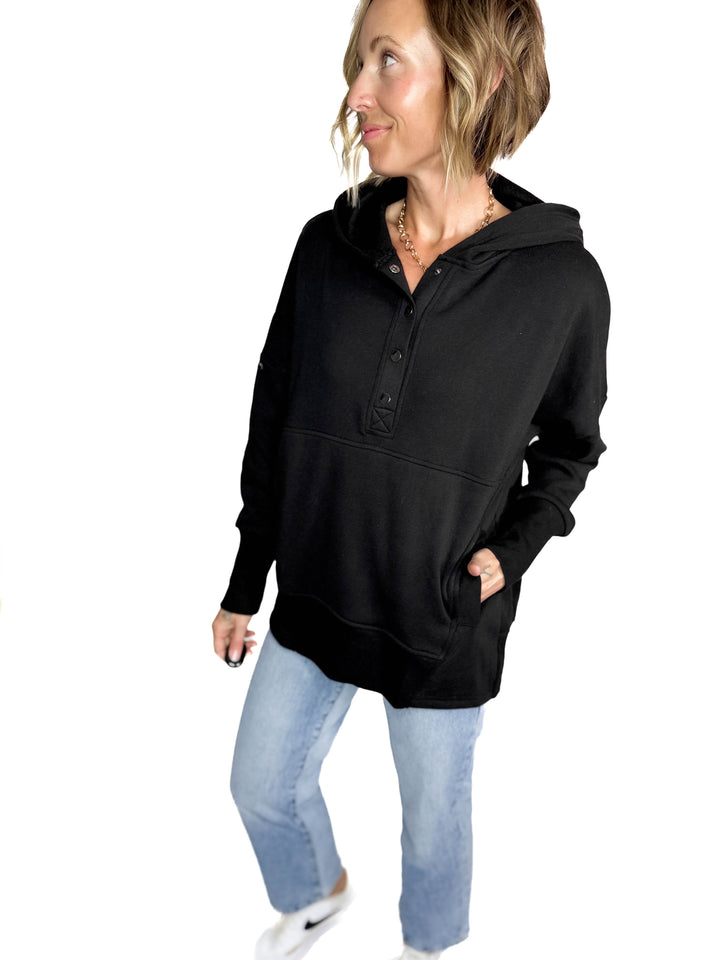 Farrah Fleece Half Button Hooded Sweatshirt- BLACK