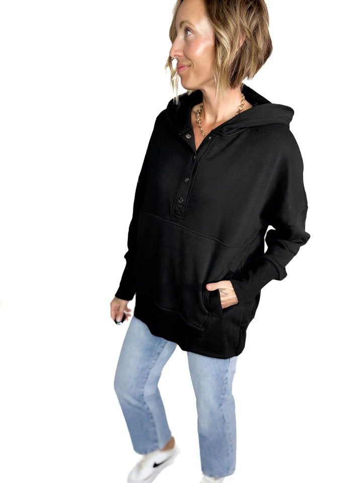 Farrah Fleece Half Button Hooded Sweatshirt- BLACK
