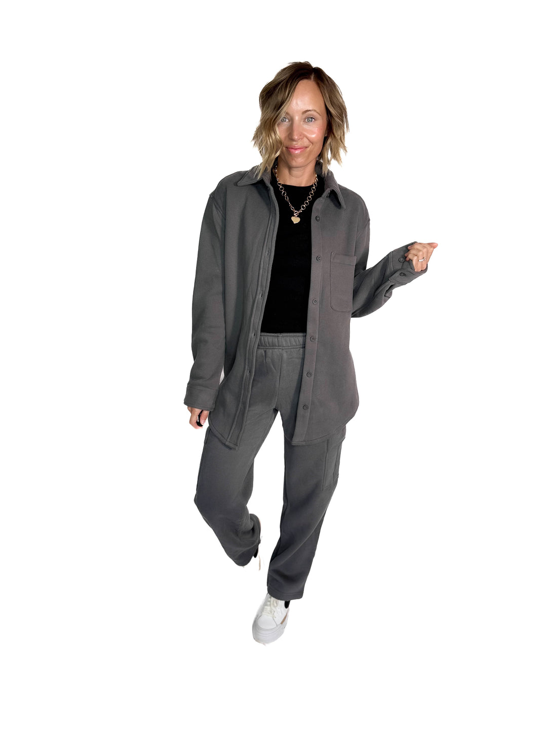 Hana Essential Mid Rise Fleece Cargo Pants- GRAPHITE