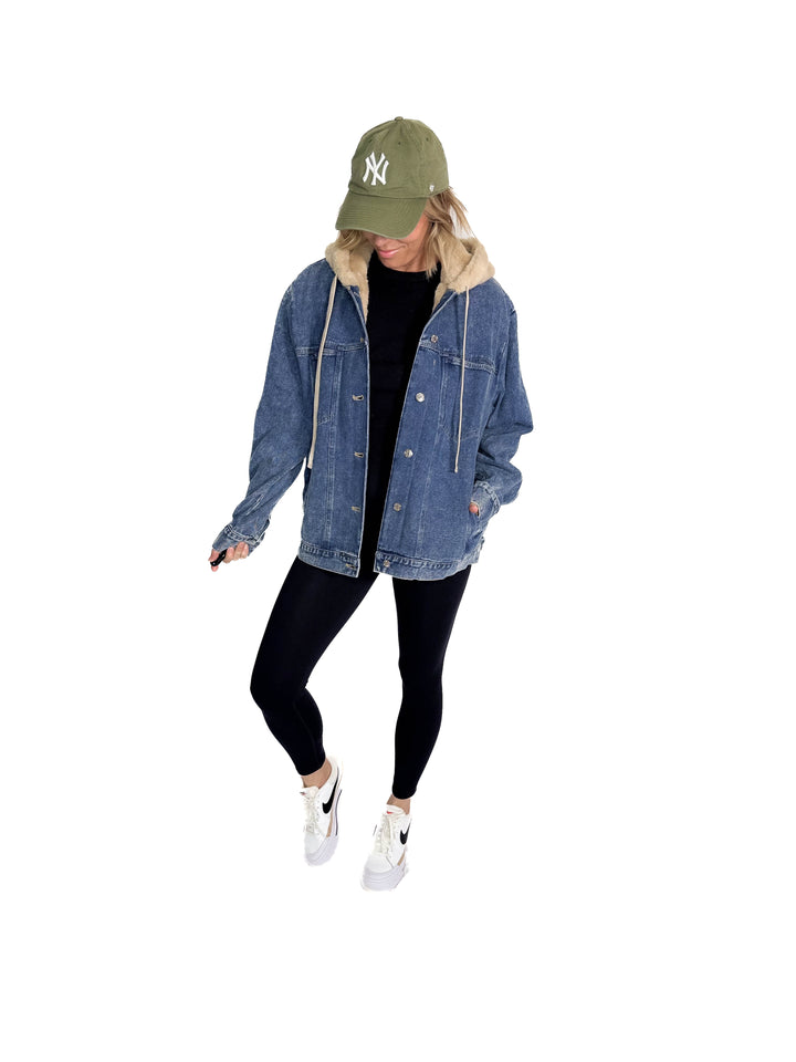 Vail Faux Fur Hooded Denim Jacket- MEDIUM WASH