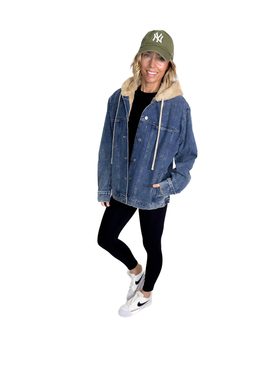 Vail Faux Fur Hooded Denim Jacket- MEDIUM WASH