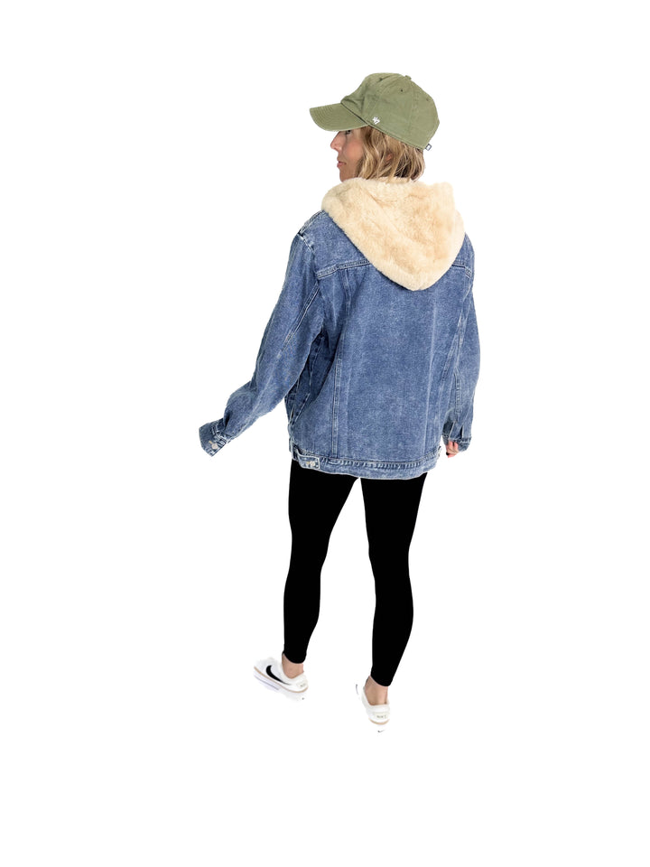 Vail Faux Fur Hooded Denim Jacket- MEDIUM WASH