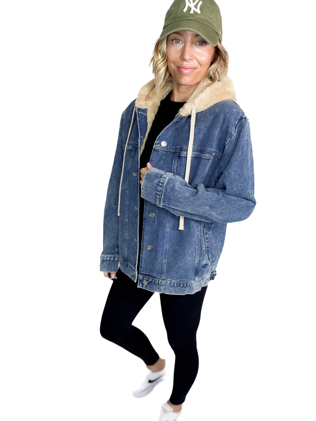 Vail Faux Fur Hooded Denim Jacket- MEDIUM WASH