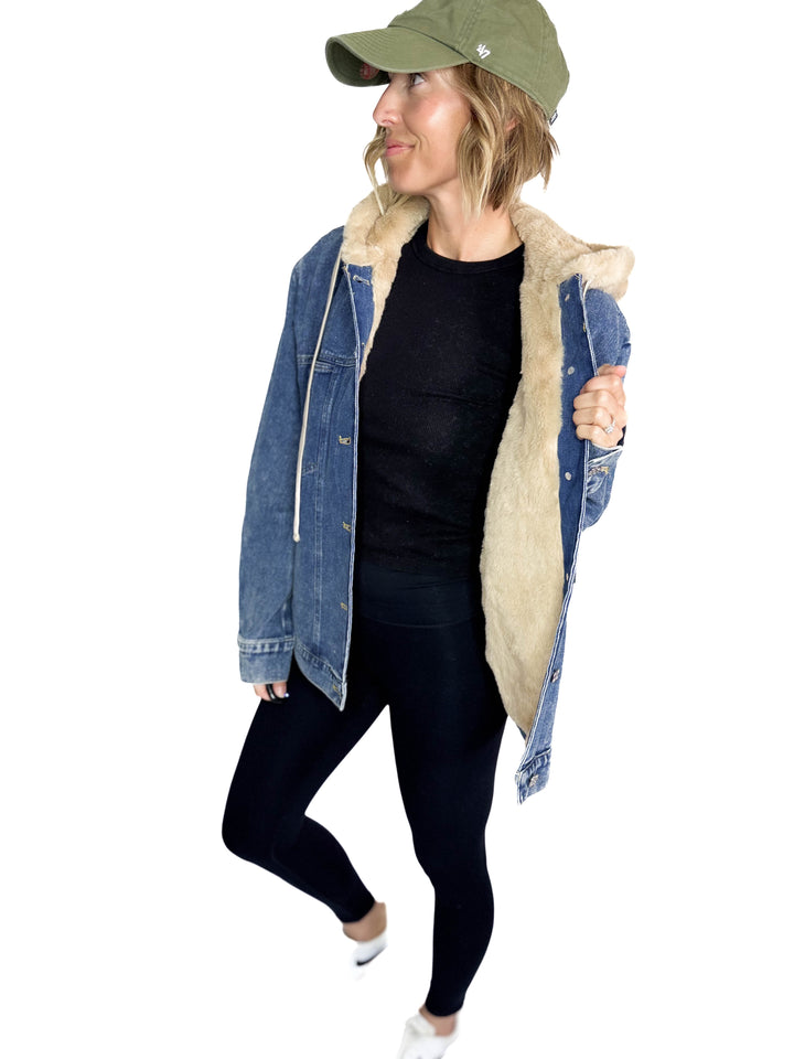Vail Faux Fur Hooded Denim Jacket- MEDIUM WASH