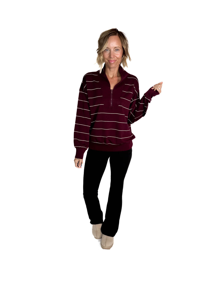 Nancy Modal 1/4 Zip Pullover- DARK CHERRY/CREAM
