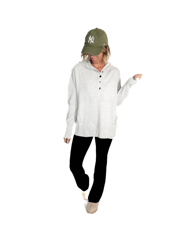 Farrah Fleece Half Button Hooded Sweatshirt- HEATHER GREY-FINAL SALE
