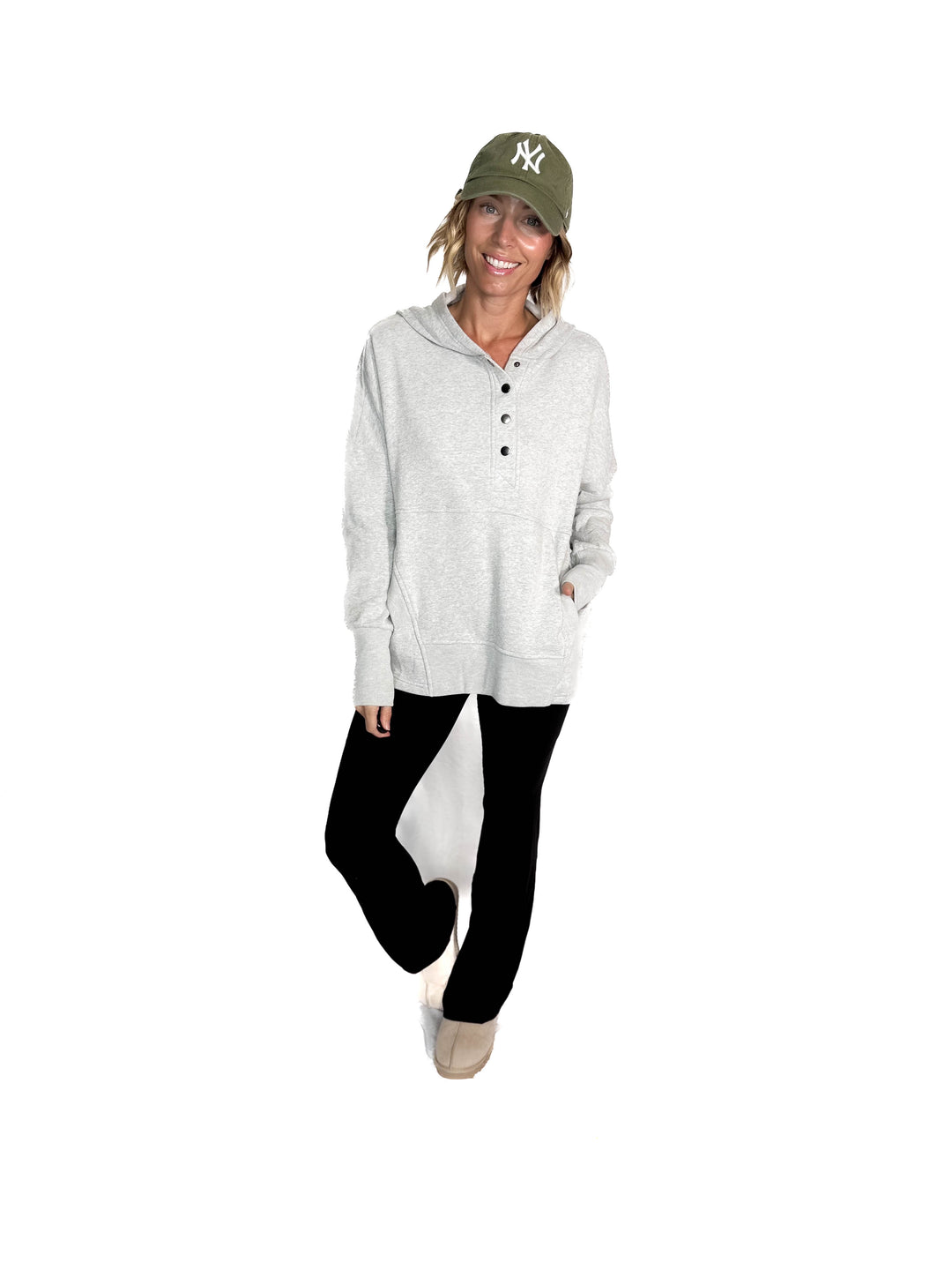 Farrah Fleece Half Button Hooded Sweatshirt- HEATHER GREY-FINAL SALE