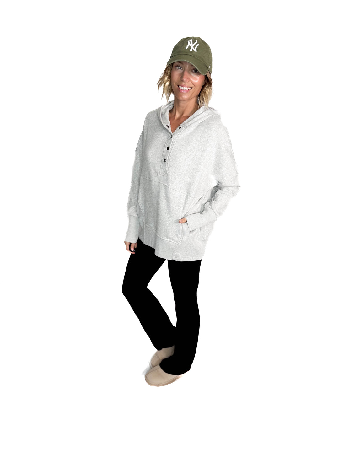 Farrah Fleece Half Button Hooded Sweatshirt- HEATHER GREY-FINAL SALE