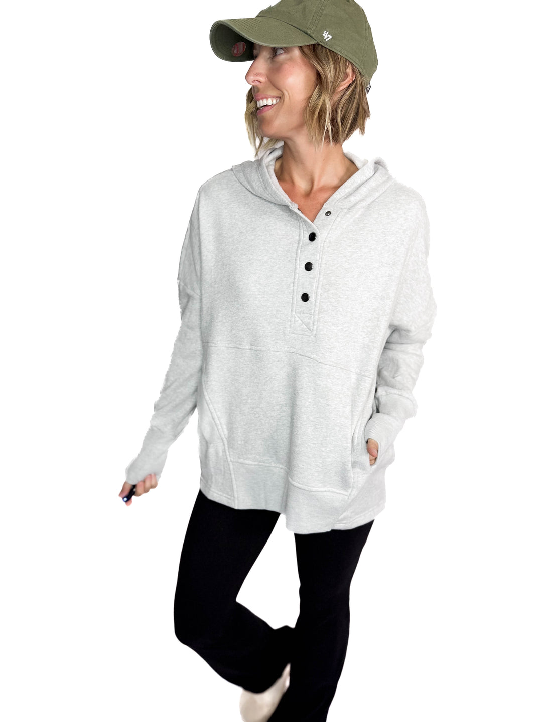 Farrah Fleece Half Button Hooded Sweatshirt- HEATHER GREY-FINAL SALE