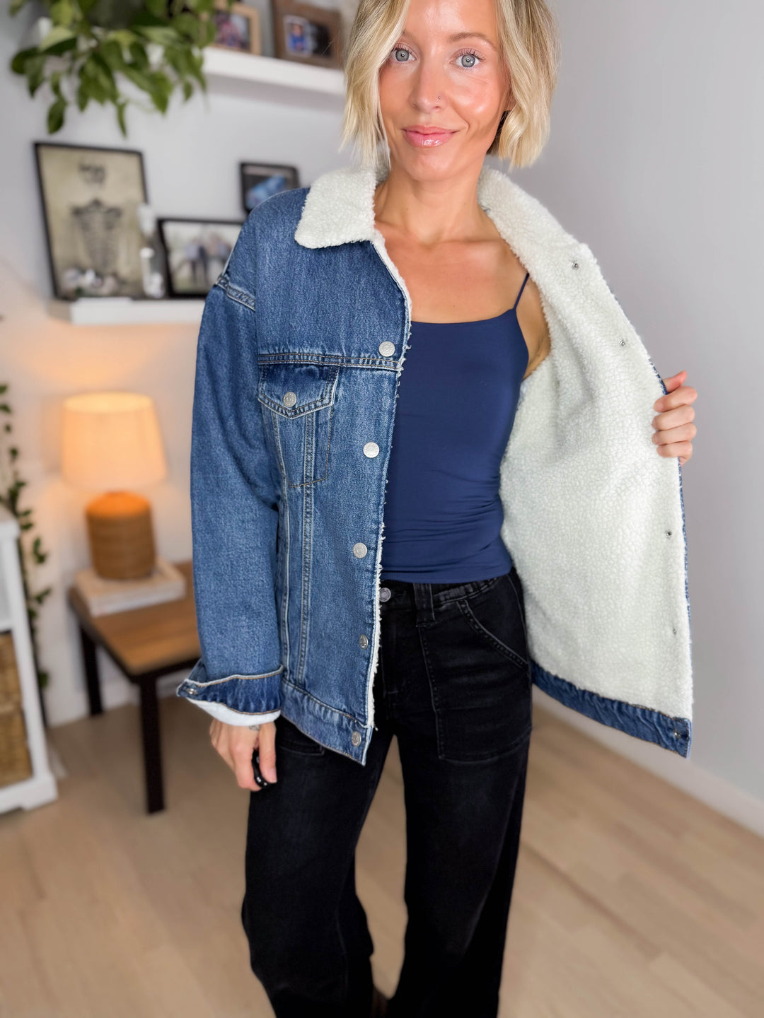 Only Haddy Vintage Teddy Lined Denim Jacket- MEDIUM BLUE