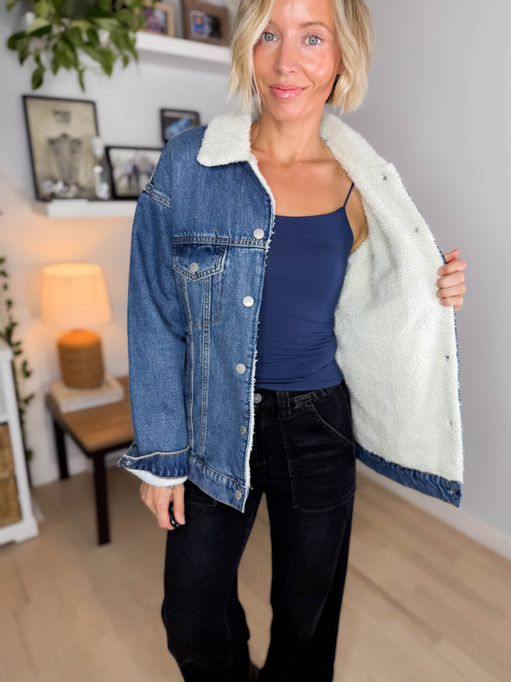 Only Haddy Vintage Teddy Lined Denim Jacket- MEDIUM BLUE